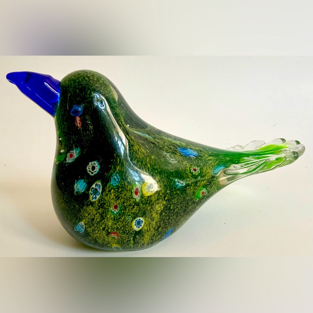 Art Glass Bird Millefiori Paperweight Figurine Blue & Green Decorative EUC